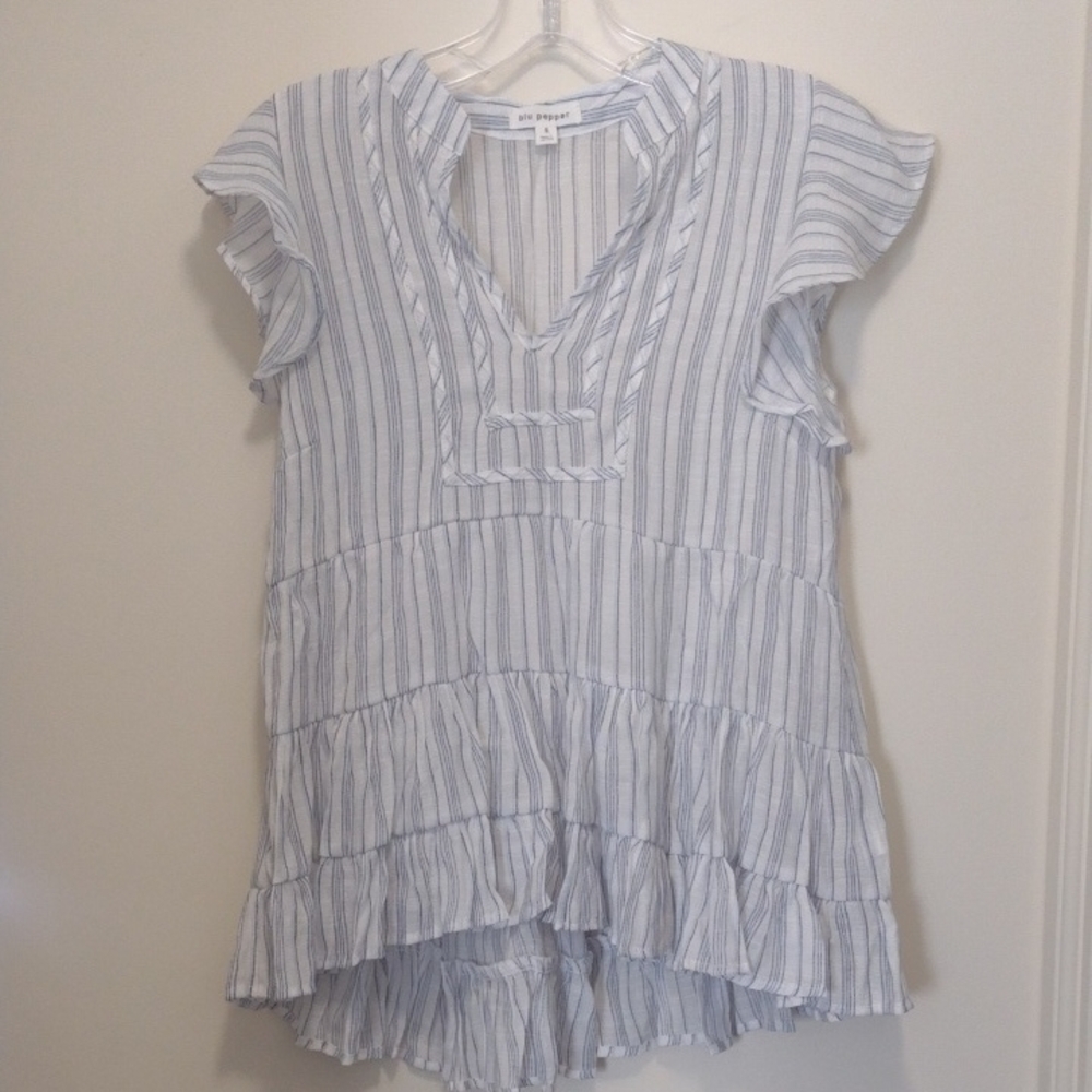 Blu Pepper White and Blue Striped Ruffle Shirt (J604)